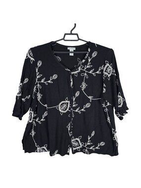 Womens Catherines Black & White Floral Button Front Top 3/4 Sleeves Plus Size 3X